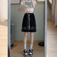 JTTCAC日本白色運動(dòng)短褲女夏季薄款2025中褲休閑寬松高腰直筒闊腿五分褲 黑色 M