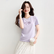 尚都比拉（Sentubila）短袖t恤女夏季新款簡(jiǎn)約圓領(lǐng)蝴蝶結(jié)發(fā)泡印花寬松顯瘦上衣 柔紫色 S 85-100斤