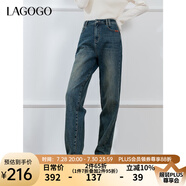 lagogo老爹褲復古高腰牛仔褲女拉谷谷2024年冬季新款加絨直筒長褲 深牛仔藍 M