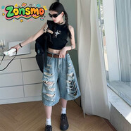 Zonsmo女童破洞牛仔褲套裝夏季薄款外穿炸街兒童褲子女大童七分短褲套裝 牛仔褲+背心 130 cm