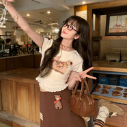 森女部落延長(cháng)可愛(ài)小熊玩偶拼接設計高腰a字半身裙女2025新款夏季 杏色T恤 單件 S