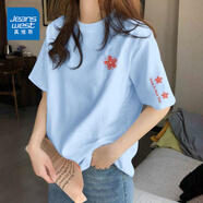 真維斯（Jeanswest）純棉短袖女夏季2025新款休閑百搭半袖體恤衫女士潮流t恤女上衣服 天藍 格子小紅花_K-格子小紅花 XL