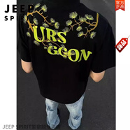 JEEP SPIRIT美式高街花卉重工刺繡短袖t恤男生夏季新款國潮男女純棉半袖上衣T 黑色【迎客松刺繡A款】 M 建議【90-110斤】