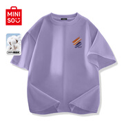 名創(chuàng)優(yōu)品（MINISO）純棉白色短袖男新款潮牌男生半袖t恤青少年百搭正肩圓領(lǐng)上衣體恤 紫色(浮光筆刷胸標(biāo)) XL /180(不起球不掉色)