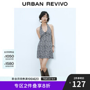 UR2025春季新款女碎花蝴蝶結(jié)掛脖系帶超短款連衣裙UYL750018 藏青 XS