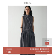 INSISFEMME天絲麻質(zhì)2025夏季抽褶微蕩領(lǐng)繭型長(zhǎng)裙無袖寬松連衣裙 凡爾登綠 L