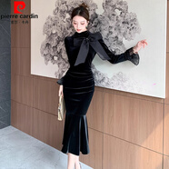 皮爾卡丹洋氣少女黑色小禮服小黑裙名媛時(shí)尚氣質(zhì)蝴蝶結釘鉆絲絨魚(yú)尾連衣裙 黑色 M