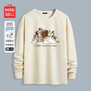 名創(chuàng)優(yōu)品（MINISO）長袖t恤男春秋季寬松休閑百搭純棉打底衫簡約百搭圓領(lǐng)男裝上衣服 淺米(不想上班) L 175(體重120-140斤左右)