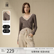 阿依蓮長(cháng)袖女士秋季衣服新款2024高檔洋氣V領(lǐng)假兩件t恤上衣修身顯瘦外穿 奶茶色 S