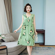 沛阮棉綢睡衣女夏季無(wú)袖睡裙女綿綢連衣裙中老年加大碼寬松裙子可外穿 綠底傾城 4XL 建議140-160斤加肥大碼