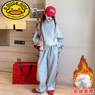 G.duck小黃鴨女童運動(dòng)套裝2026秋季新款兒童秋冬韓系穿搭女孩中大童童裝 灰色蝴蝶結套裝 加絨 170 cm