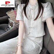 皮爾卡丹（pierre cardin）新中式國風(fēng)套裝女夏季2025大碼胖mm感唐裝襯衫半身裙子兩件套 上衣+半身裙【鹽系輕熟兩件套裝/ M 【建議80-100斤】