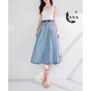 SXA香港潮牌天絲牛仔半身裙女式夏裝薄款百搭高腰遮胯顯瘦中長款傘裙 淺藍(lán)色 L