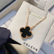 四葉草項鏈女白貝母鑲嵌925銀法式復古輕奢小眾鎖骨鏈七夕禮物 玫瑰金四葉草黑瑪瑙項鏈
