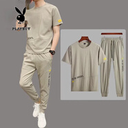 花花公子冰絲短袖套裝男夏季薄款寬松潮牌衣服短袖t恤長(cháng)褲子男裝套裝半袖 855卡其色 3XL