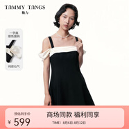 糖力商場(chǎng)同款  撞色露肩小禮服 2025夏季新款收腰顯瘦吊帶連衣裙女 黑色 M