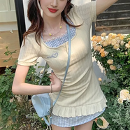茯見兩件套連衣裙純欲風甜妹氛圍感掛脖針織短袖女小個子夏季顯瘦裙子 黃色兩件套S（建議85-95斤）