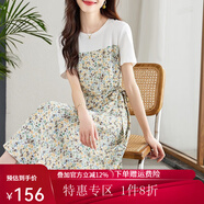 熙世界sllsky假兩件碎花連衣裙女2025夏季新款短袖圓領(lǐng)不規(guī)則荷葉邊裙子 橄欖石綠 XL