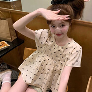妙奕嘉短袖t恤女夏季新款襯衫女士襯衣正肩上衣顯瘦遮肚子時(shí)尚甜美寬松 淡黃色褶皺甜美蝴蝶結印花短袖 M 【建議85-115斤】