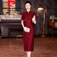 皮爾卡丹（pierre cardin）婆婆婚宴禮服裙2025新款酒紅色媽m媽裝披肩旗袍裙子收腰中長(cháng)款 紅色今年流行的輕奢品牌 XL 建議100-115斤