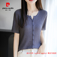 皮爾卡丹（pierre cardin）2025夏季新款V領(lǐng)短袖女薄款天絲亞麻顯瘦T恤設計感剪刀領(lǐng)針織開(kāi)衫 深灰色 M 80-105