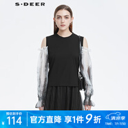 S.DEER圣迪奧女裝羅紋圓領(lǐng)露肩抽褶暈染撞色長(zhǎng)袖T恤S22280204 黑色/91 L 170