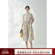 EIN【海上生花】EIN言浪漫藝術(shù)故事感印花純棉七分袖連衣裙女春新款 淺藍(lán) S