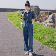 茶小阿短袖工裝牛仔連體褲女2025新款顯高顯瘦遮肉闊腿薄款連衣長褲 牛仔藍(lán)色 配腰帶 M 100-110斤