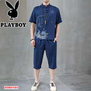 花花公子（PLAYBOY）夏季麻短袖青年輕佛系套裝新中式禪修服居士禪意T恤衫 T104杏 H1688藏青色/冰絲料(短袖+短褲) M