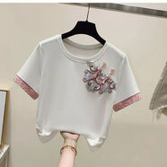 秋殼2024夏季中式國風(fēng)新款重工刺繡上衣短款盤扣時尚寬松短袖T恤通勤 白色 2XL 建議135-150斤