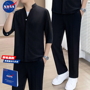 nasawassup夏季冰絲垂感套裝男輕薄短袖襯衫兩件套大碼寬松中袖長(cháng)褲子休閑裝 黑色 XL 【建議130-145斤】