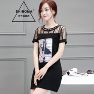 SHIROMA女裝網(wǎng)紗拼接連衣裙女夏季新款時(shí)尚優(yōu)雅簡(jiǎn)約百搭圖案短袖純色裙子 黑色 L