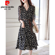 皮爾卡丹（pierre cardin）復古印花裙夏季新款V領(lǐng)泡泡袖連衣裙女系帶收腰中長(cháng)款五分袖裙子 黑色 L 建議105-120斤