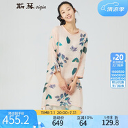 斯琴熟女春夏苧麻圓領(lǐng)套頭印花七分袖連衣裙長(zhǎng)裙 AIXQ005 粉色 M