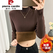 皮爾卡丹（pierre cardin）秋冬季加絨加厚毛衣女一體絨圓領(lǐng)內(nèi)搭打底針織衫修身大尺碼保暖上 咖啡色（半高領(lǐng)） 3XL 建議130-145斤