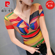 皮爾卡丹（pierre cardin）短袖上衣女歐洲站2025夏季新款時(shí)尚豹紋印花性感V領(lǐng)修身網(wǎng)紗T恤 D10-短袖【彩虹條】 L 建議110-120斤