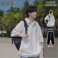 洛科馳夏季港風(fēng)短袖polo衫套裝男寬松T恤休閑搭配三件套痞帥穿搭一整套 【兩件套】白色+黑褲 L