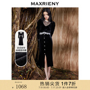 MAXRIENY絲絨連衣裙法式秋冬設計感蕾絲裙泡泡袖赫本風長裙裙子 黑色 S 01