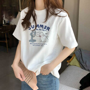 以純（YISHion）奶呼呼純棉短袖T恤女夏季2025新款今年女裝超火減齡寬松上衣 白色-D54風(fēng)扇兔子 L 116-135斤