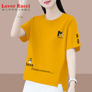 LOVER RUCCI姜黃色純棉短袖t恤女夏2025新款寬松顯瘦拼接體恤休閑正肩上衣潮 姜黃色 M 建議100斤內(nèi)