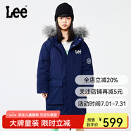 Lee大毛領(lǐng)連帽厚款保暖防風(fēng)羽絨服兒童冬季保暖中長(zhǎng)款潮男童女童外套 藏青色 160
