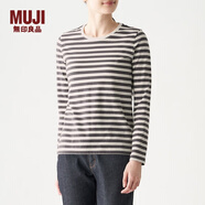 無印良品 MUJI 女式 印度棉天竺編織 圓領(lǐng)長袖T恤 BBD01A0S 深灰色X條紋 M