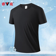 雅鹿短袖t恤男夏季薄款情侶冰絲半袖體恤圓領(lǐng)透氣速干衣休閑男士T恤 黑（男款） L （重80-110斤高160-170）