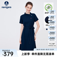 Navigare意大利小帆船短袖連衣裙女士夏季棉質(zhì)斜領(lǐng)裙子時(shí)尚顯瘦半袖a字裙 海軍藍 M 碼