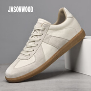 JASONWOOD正品秋季新款輕奢男鞋頭層牛皮舒適耐磨透氣戶外休閑運(yùn)動(dòng)德訓(xùn)鞋 白色四季款【正品男鞋】 41 (255mm)