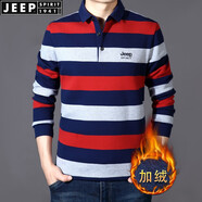 JEEP SPIRIT吉普休閑加絨條紋長袖t恤厚款秋冬男士上衣商務(wù)翻領(lǐng)棉質(zhì)保暖體恤 8051紅色 加絨 M (170) 88A建議120-130斤