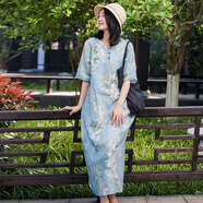 亂在江南民族風(fēng)印花絲麻連衣裙寬松夏季新品清新淡雅古典長(cháng)裙 藍底印花 M