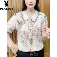 花花公子（PLAYBOY）品牌夏季新款波點(diǎn)短袖t恤娃娃領(lǐng)襯衫女時(shí)尚洋氣中年媽媽裝雪紡衫 竹葉花粉色 XL 建議90-110斤