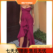 ANTCITY 202025夏歐美風(fēng)跨境感dress女裝吊帶裙子長裙無袖連衣裙女 酒紅色 XS