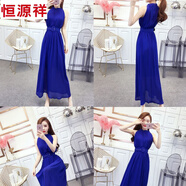 恒源祥雪紡連衣裙2025夏季新款韓版女修身長(cháng)款無(wú)袖長(cháng)裙沙灘裙【送腰帶】 藍色 M 【送腰帶】
